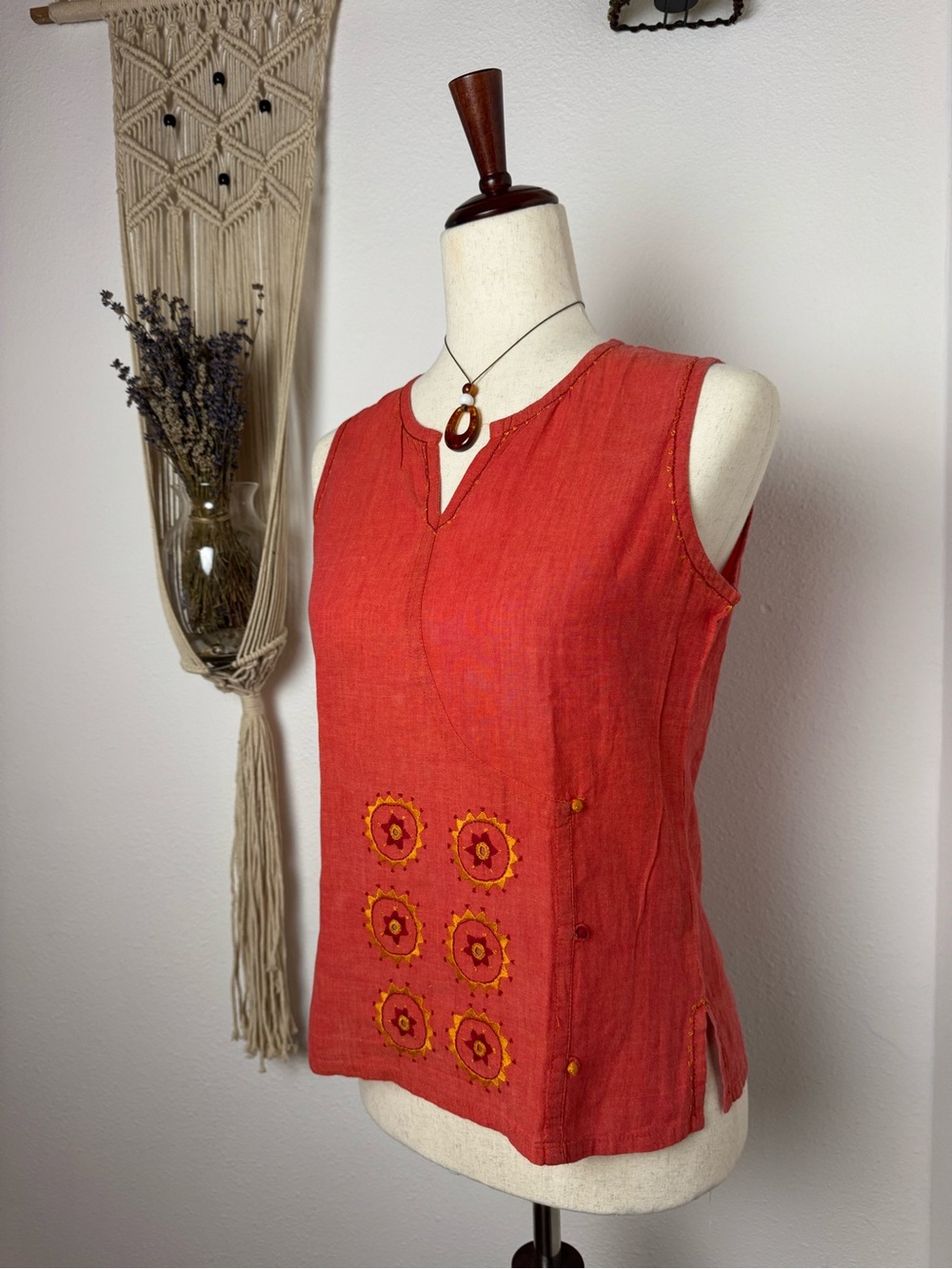 fabindia Red Sleeveless Embroidered Linen Tank - Picture 2 of 4
